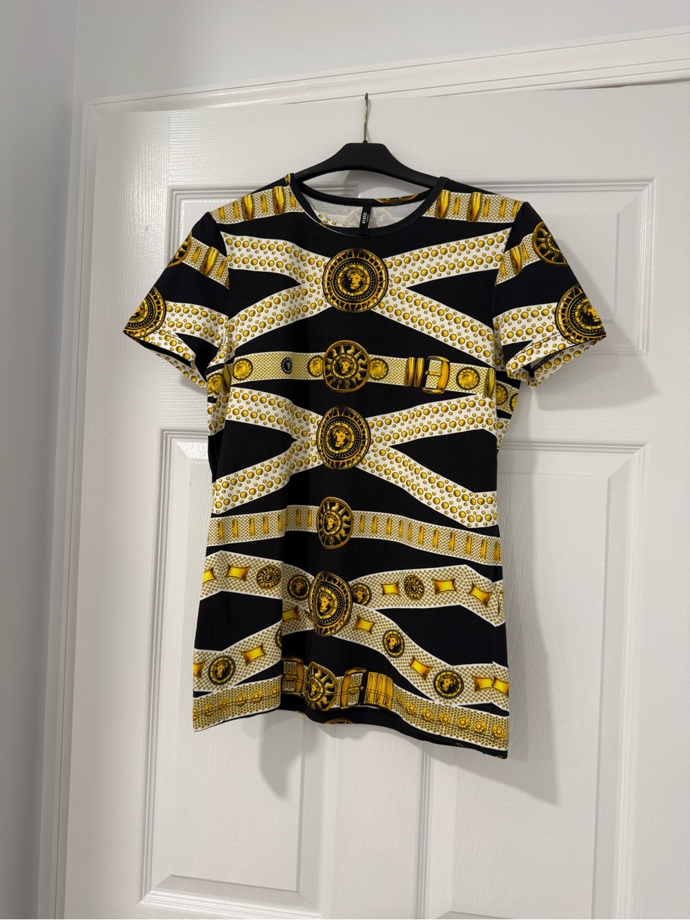 Versus Versace Black, White & Gold Baroque Medallion Short Sleeve Top